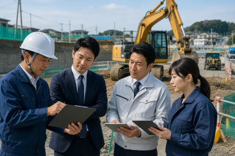 土木工事現場で重機と図面を確認する現場チームとアドバイザー