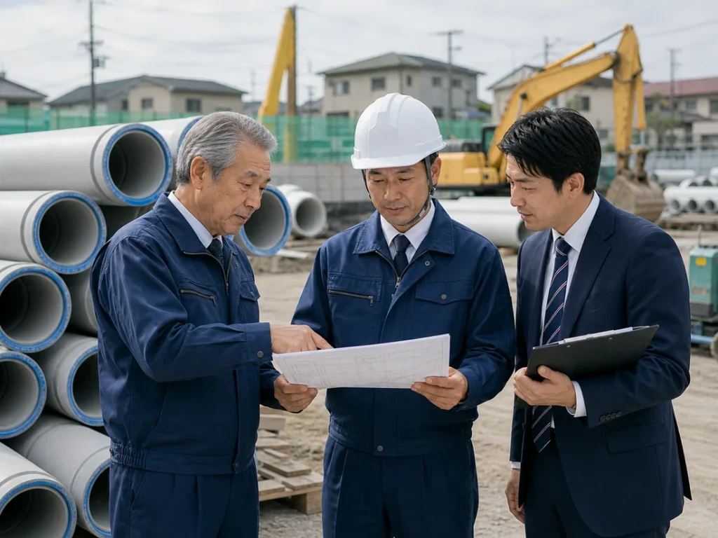 上下水道・管工事会社のM&A相談で、配管資材と図面を前に承継条件を確認している