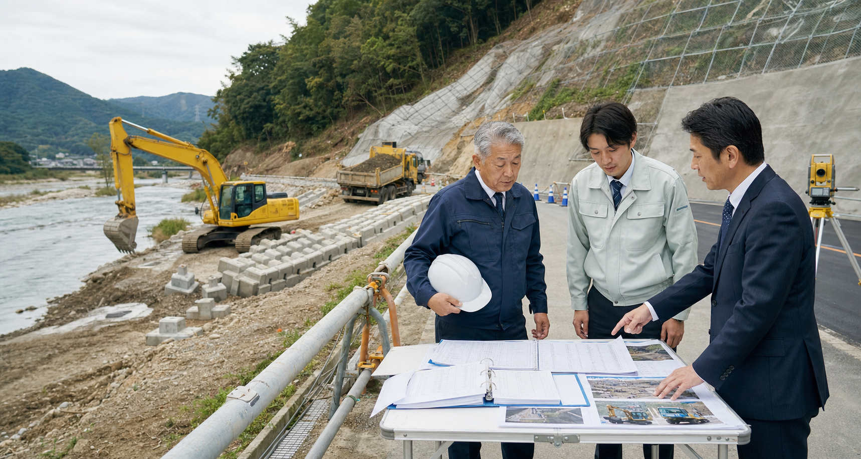 広島・中国地方の建設会社M&Aについて河川土木と災害復旧の資料を確認する経営者と専門家