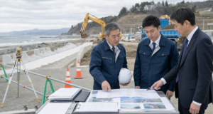宮城・仙台の建設会社M&Aについて沿岸復興と道路維持の資料を確認する経営者と専門家