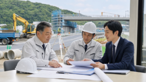 静岡・浜松の土木会社M&Aについて道路維持と橋梁補修の資料を確認する経営者と専門家