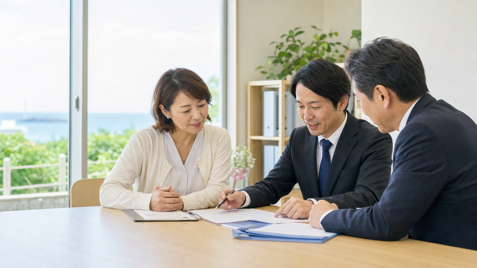 兵庫・神戸の土木会社M&Aについて港湾土木と道路維持の資料を確認する経営者と専門家